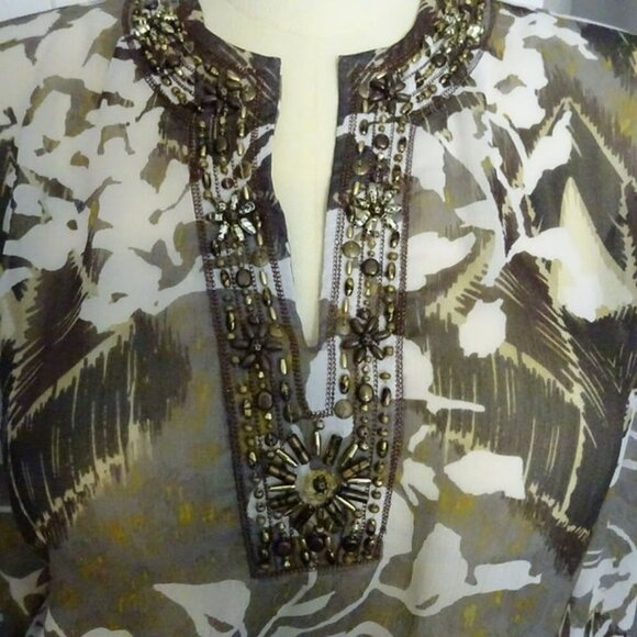 Chico's Lg Polyester Floral Sheer Pullover Blouse with 3/4 Sleeves and Beading - Picture 9 of 9